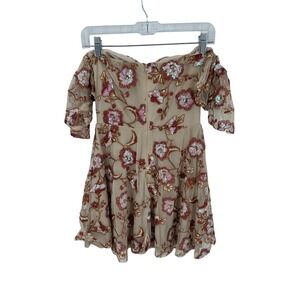 Sparkly Floral Off Shoulder Mesh Mini Dress Sequins Women S Y2K Gala Sexy FLAW